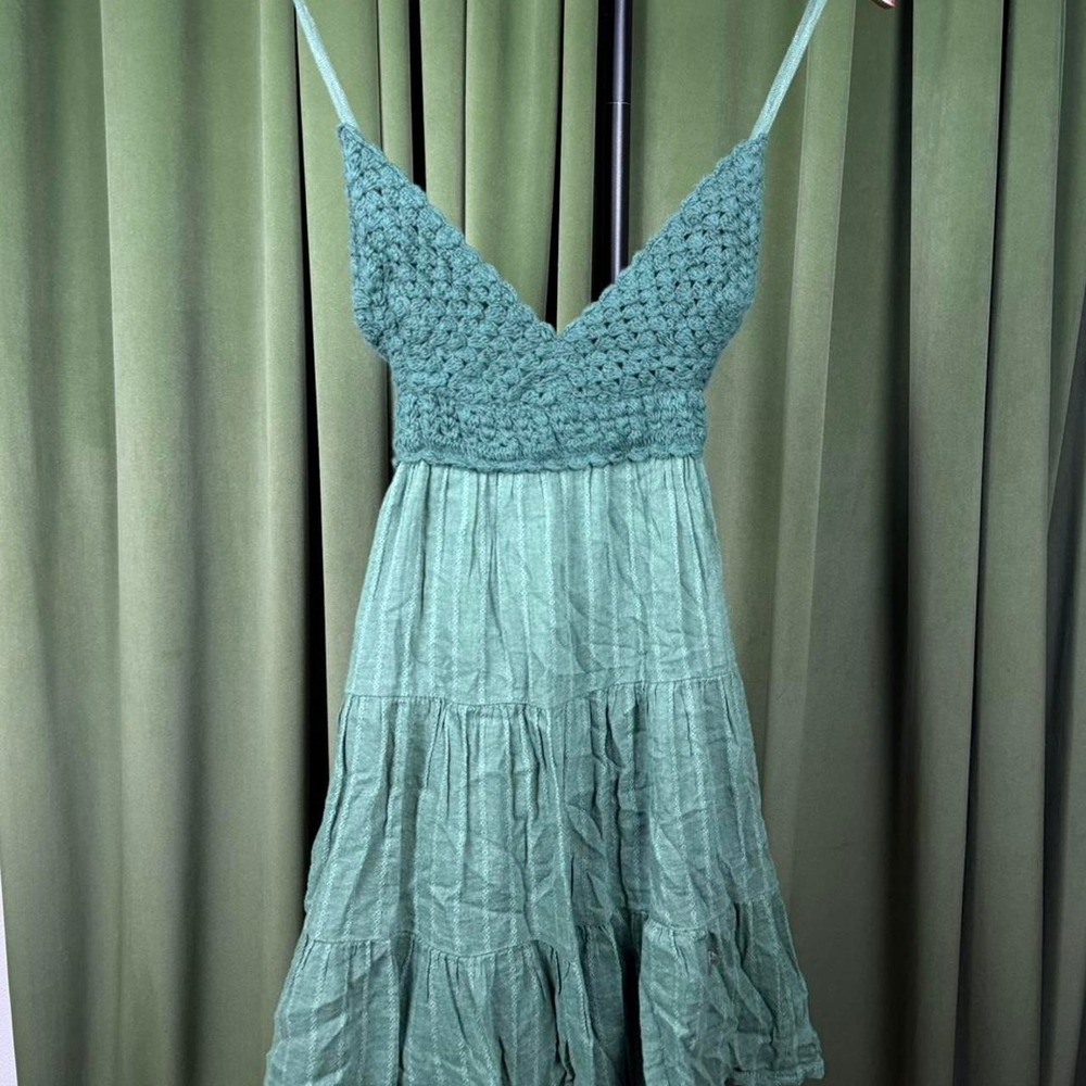 Aerie Green Blue Crochet Boho Tiered Maxi Dress Summer Beachwear Womens Small